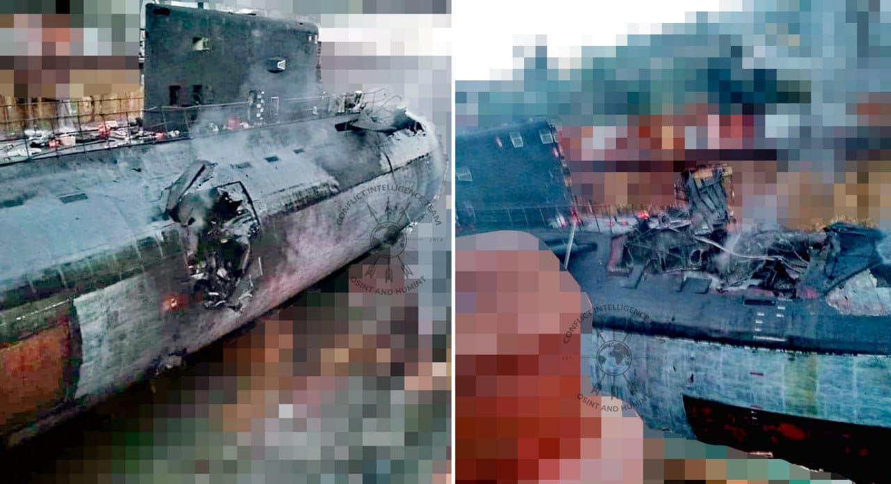 CIT показала фотографии подводной лодки «Ростов-на-Дону», снятые после удара по Севастопольскому морскому заводу
